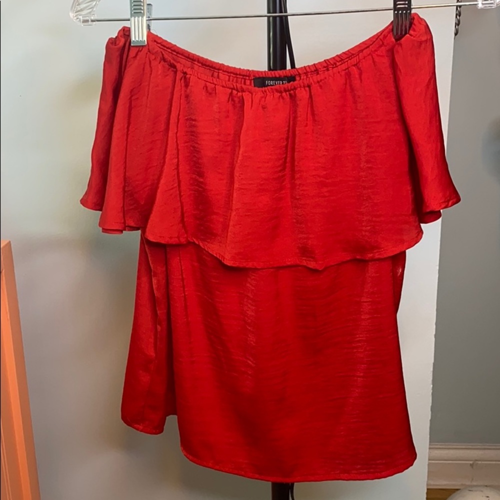 Forever 21 Red off shoulder faux satin top- size S